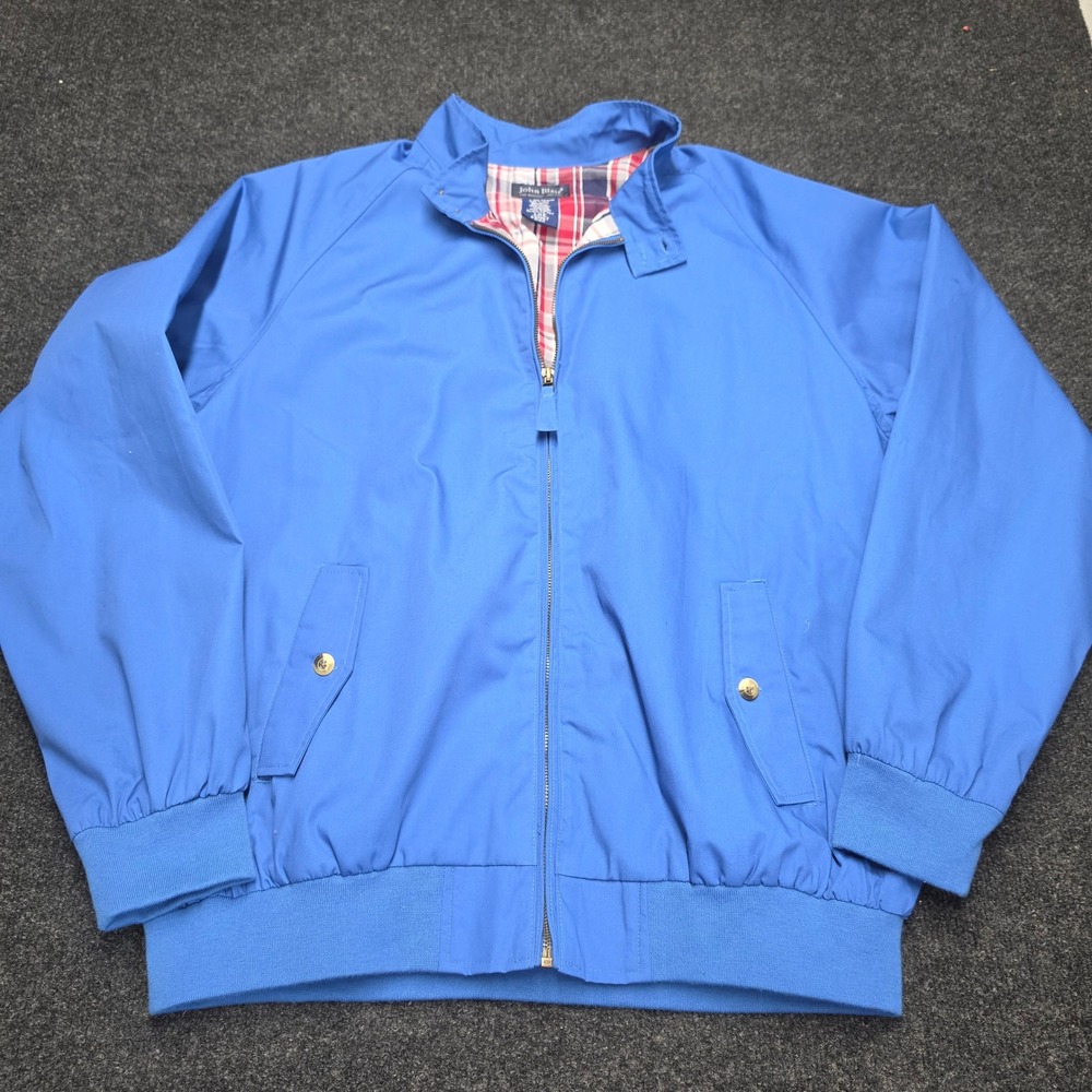 John Blair Mens Blue Harrington Bomber Jacket Plaid Lined Full Zip Large vintage